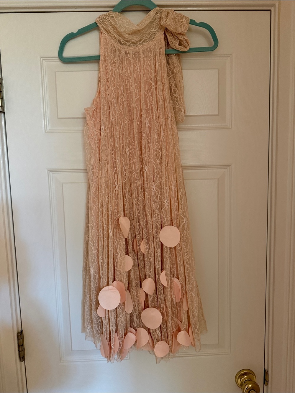 Ryu Blush Peach Lace Dress with Circular Appliqués. NWOT